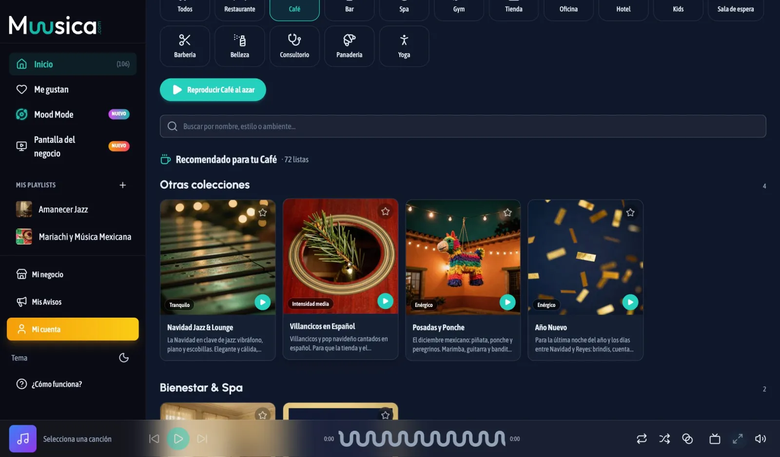 Al elegir un giro aparecen sus playlists recomendadas y el botón para reproducirlo al azar