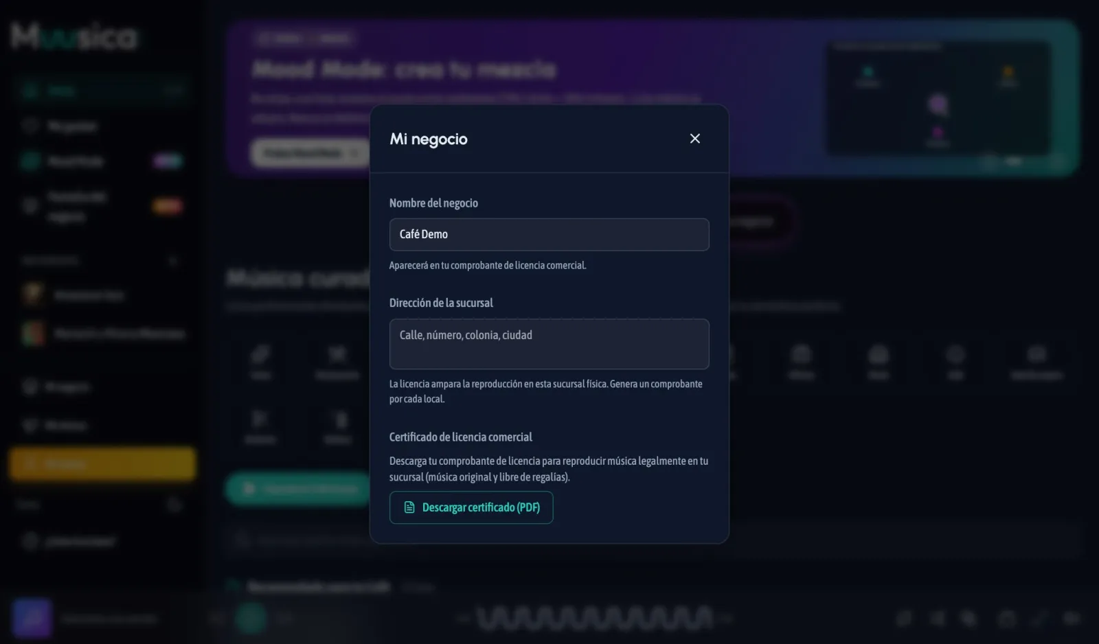 Mi negocio: nombre, dirección de la sucursal y descarga del certificado
