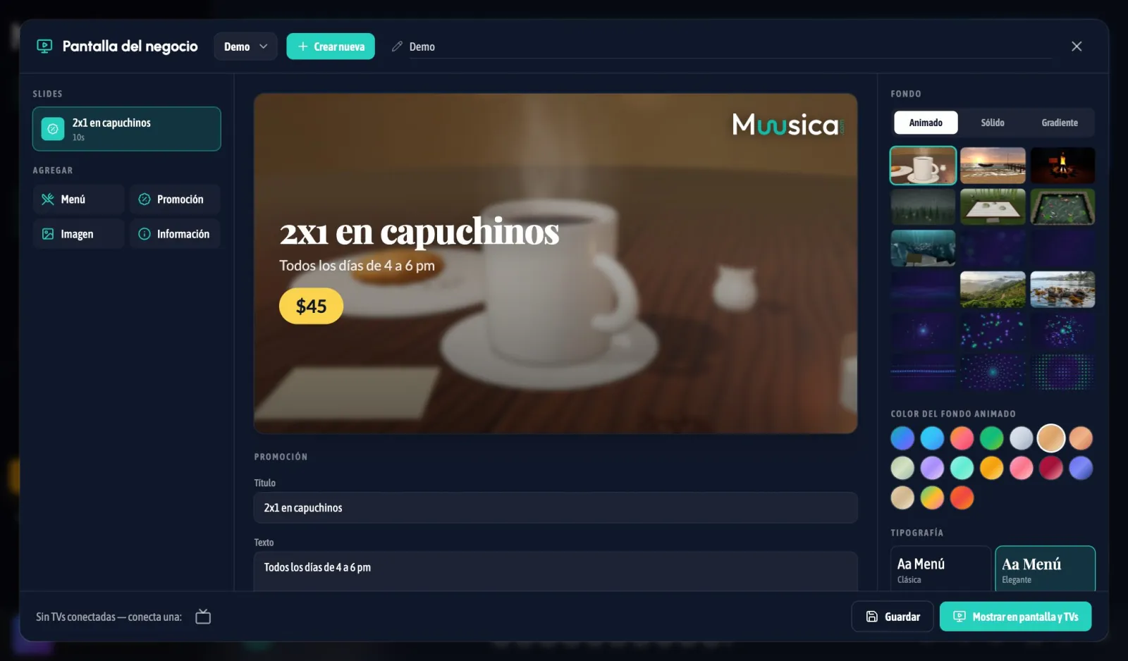 El editor de Pantalla del negocio: diapositivas a la izquierda, vista previa al centro y fondo, color y tipografía a la derecha