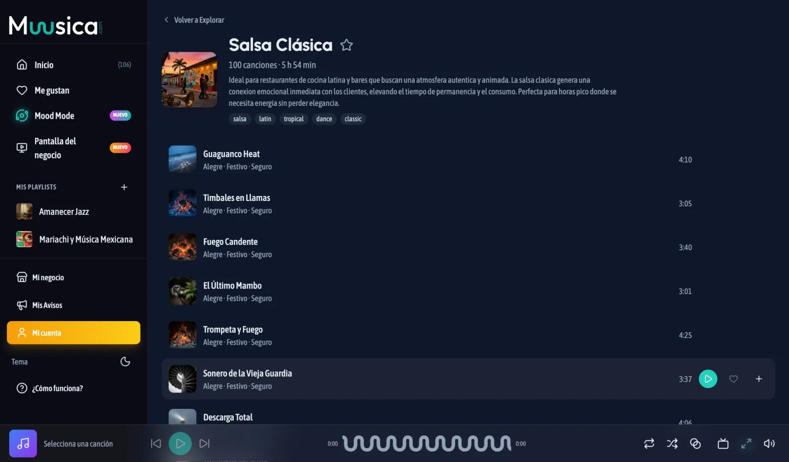 El detalle de una playlist: descripción, etiquetas y canciones