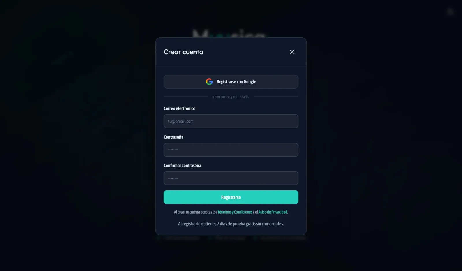 Crear cuenta: 7 días de prueba gratis sin comerciales