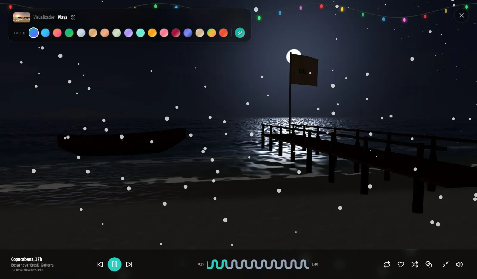 La escena de playa de noche con decoración de Navidad